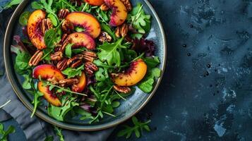 ai gegenereerd een levendig salade met gemengd groenen, gegrild perziken, pecannoten, en een honing balsamico dressing foto