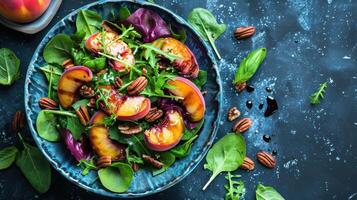 ai gegenereerd een levendig salade met gemengd groenen, gegrild perziken, pecannoten, en een honing balsamico dressing foto