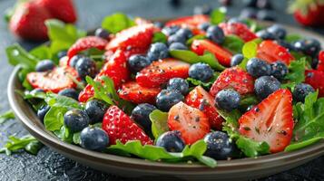 ai gegenereerd een verfrissend salade met gemengd groenen, aardbeien, bosbessen, en een framboos vinaigrette foto