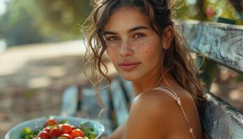 ai gegenereerd vrouw zittend Bij de bank met kom van salade in haar handen foto