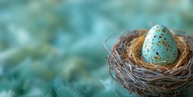 ai gegenereerd Pasen ei in een leeg nest Aan blauw achtergrond foto