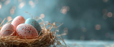 ai gegenereerd kleurrijk Pasen eieren in een nest foto
