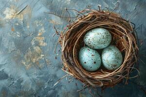 ai gegenereerd Pasen ei in een leeg nest Aan blauw achtergrond foto