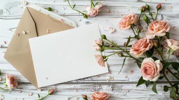 ai gegenereerd een blanco wit groet kaart met een roze roos bloem boeket en een envelop met bloemen bloemknoppen Aan een wit houten achtergrond foto