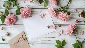 ai gegenereerd een blanco wit groet kaart met een roze roos bloem boeket en een envelop met bloemen bloemknoppen Aan een wit houten achtergrond foto