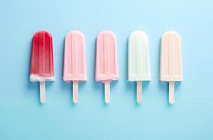 ai gegenereerd pastel zoet ijs lollies zijn Aan een roze en blauw achtergrond foto