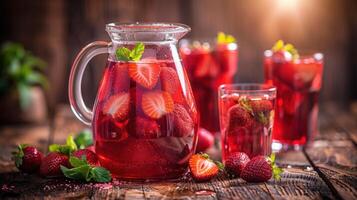 ai gegenereerd een koel zomer drank met aardbeien geserveerd in een kruik en bril Aan een rustiek houten tafel foto