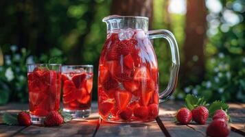 ai gegenereerd een koel zomer drank met aardbeien geserveerd in een kruik en bril Aan een rustiek houten tafel foto