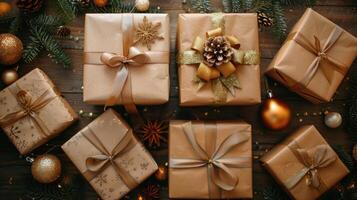 ai gegenereerd Cadeau dozen versierd met linten en Kerstmis decoraties reeks tegen een houten achtergrond foto