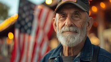 ai gegenereerd patriottisch veteraan met Amerikaans vlag foto