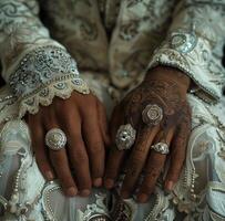 ai gegenereerd een bruid en bruidegom met hun bruiloft ringen Aan hun handen foto