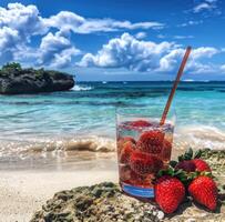 ai gegenereerd een drinken met twee aardbeien Bij de strand en een rietje foto