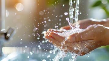 ai gegenereerd het wassen handen in rennen water van de keuken kraan foto