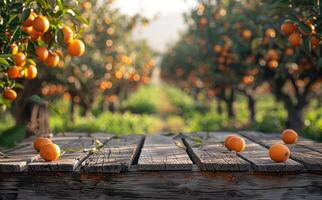 ai gegenereerd een oranje boom veld- met een houten tafel foto