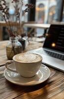 ai gegenereerd koffie Aan een wit bord met laptop en mok foto