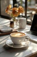ai gegenereerd koffie Aan een wit bord met laptop en mok foto