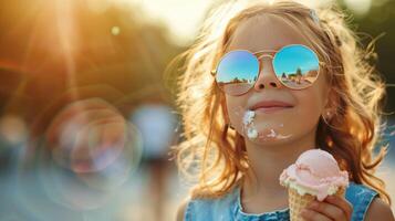 ai gegenereerd een mode detailopname portret buitenshuis met een jong hipster meisje genieten van ijs room in de zomer warmte foto