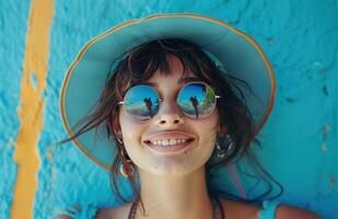 ai gegenereerd een tiener- meisje vervelend een blauw hoed en zonnebril glimlachen foto