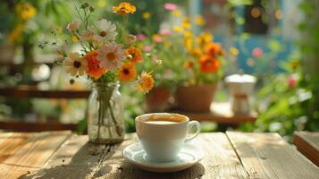 ai gegenereerd een charmant beeld van een koffie breken in een zonovergoten tuin, met een kop van espresso en een vaas van vers geplukt bloemen foto