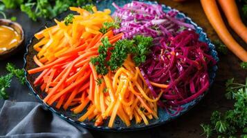 ai gegenereerd een regenboog wortel salade, met een mengen van oranje, Purper, en geel wortels, geschoren in linten en gekleed foto