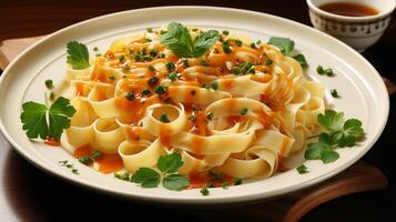 ai gegenereerd fettucine Italiaans noodle bolognese foto