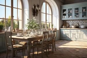 ai gegenereerd een Europese stijl keuken interieur ontwerp met hoog ramen reclame fotografie foto