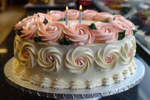 ai gegenereerd ultieme verjaardag taart met kaars professioneel reclame voedsel fotografie foto