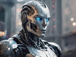 ai gegenereerd mechanisch futuristische staal robot met verhelderend blauw ogen portret geïsoleerd Aan stad wolkenkrabbers achtergrond foto
