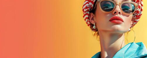 ai gegenereerd mode vooruit vrouw met stoutmoedig rood lippen, vervelend zonnebril en een kleurrijk hoofddoek tegen een levendig oranje achtergrond foto