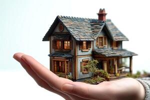 ai gegenereerd hand- Holding model- huis voor kopen echt landgoed concept foto
