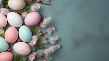 ai gegenereerd gekleurde Pasen eieren Aan een grijs beton achtergrond, Pasen achtergrond foto