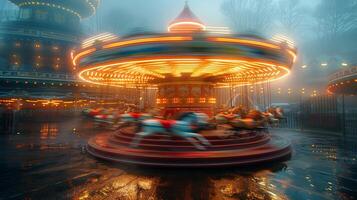 ai gegenereerd carrousel rijden spinnen onder nacht lucht foto