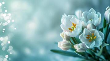 ai gegenereerd dichtbij omhoog van voorjaar bloemen Aan blured licht blauw achtergrond, voorjaar achtergrond voor banier of kaart foto