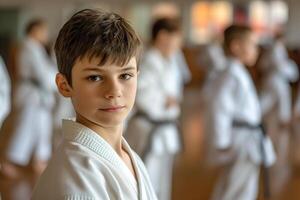 ai gegenereerd portret van jongen in traditioneel kleren opleiding ervaren karate vechter club krijgshaftig kunsten in de opleiding kamer met de deelnemers in de achtergrond foto