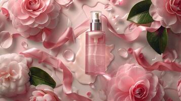 ai gegenereerd elegant roze camelia uitgelicht in camelia kunstmatig advertenties, langs met room fles en linten foto