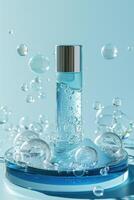 ai gegenereerd met een levensecht gel fles geplaatst Aan een blauw glas schijf met bubbels tegen een licht blauw backdrop foto