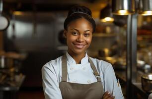 ai gegenereerd een glimlachen zwart chef staand in een keuken portret foto