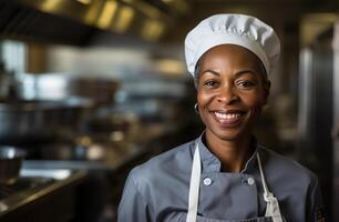 ai gegenereerd een glimlachen zwart chef staand in een keuken portret foto