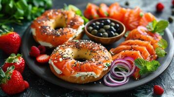 ai gegenereerd een gerookt Zalm bagel, met room kaas, rood ui, en kappertjes, geserveerd met een kant van vers fruit foto