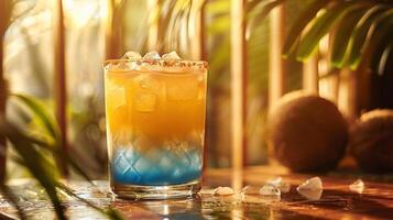 ai gegenereerd een blauw hawaiiaans cocktail, met blauw Curacao, rum, ananas sap, en kokosnoot room, geserveerd over- ijs foto