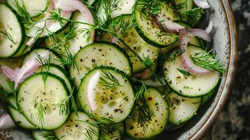 ai gegenereerd een komkommer dille salade, presentatie van knapperig komkommer plakjes, pittig Grieks yoghurt foto