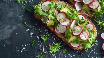 ai gegenereerd avocado geroosterd brood, bekroond met gesneden radijs, microgroenten, en een bestrooi van zee zout foto