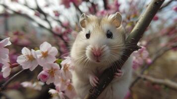 ai gegenereerd een wit hamster reeks tegen de backdrop van een lief voorjaar tafereel foto