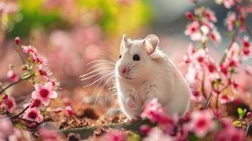 ai gegenereerd een wit hamster reeks tegen de backdrop van een lief voorjaar tafereel foto