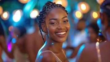 ai gegenereerd een elegant Afrikaanse vrouw sierlijk dansen Bij een gala evenement foto