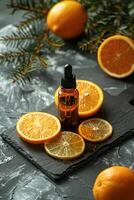 ai gegenereerd citrus essentieel olie, vitamine c anti-veroudering serum, schoonheid zorg, of aromatherapie foto