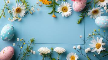 ai gegenereerd Pasen-thema regeling. Pasen eieren, bloemen, en blanco papier Aan een pastel blauw achtergrond foto