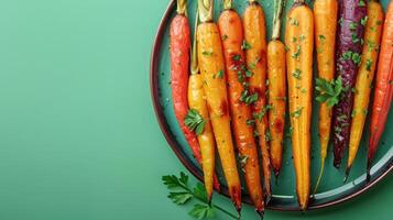 ai gegenereerd regenboog geroosterd wortels met kruiden weergegeven Aan een bord tegen een levendig groen backdrop foto