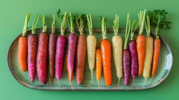 ai gegenereerd regenboog geroosterd wortels met kruiden weergegeven Aan een bord tegen een levendig groen backdrop foto