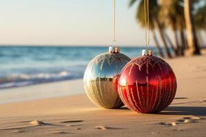 ai gegenereerd Kerstmis boom ballen Aan palm boom takken tegen de achtergrond van de oceaan foto